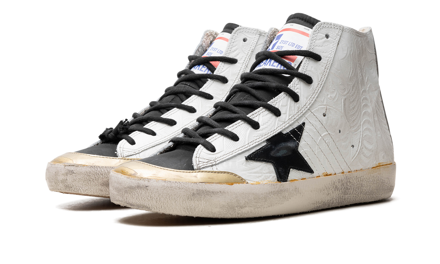 FRANCY PENSTAR FLOWERS PRINTED SUEDE UPPER AND LIST NYLON TOE LEATHER STAR "WHITE GOLD BLACK"