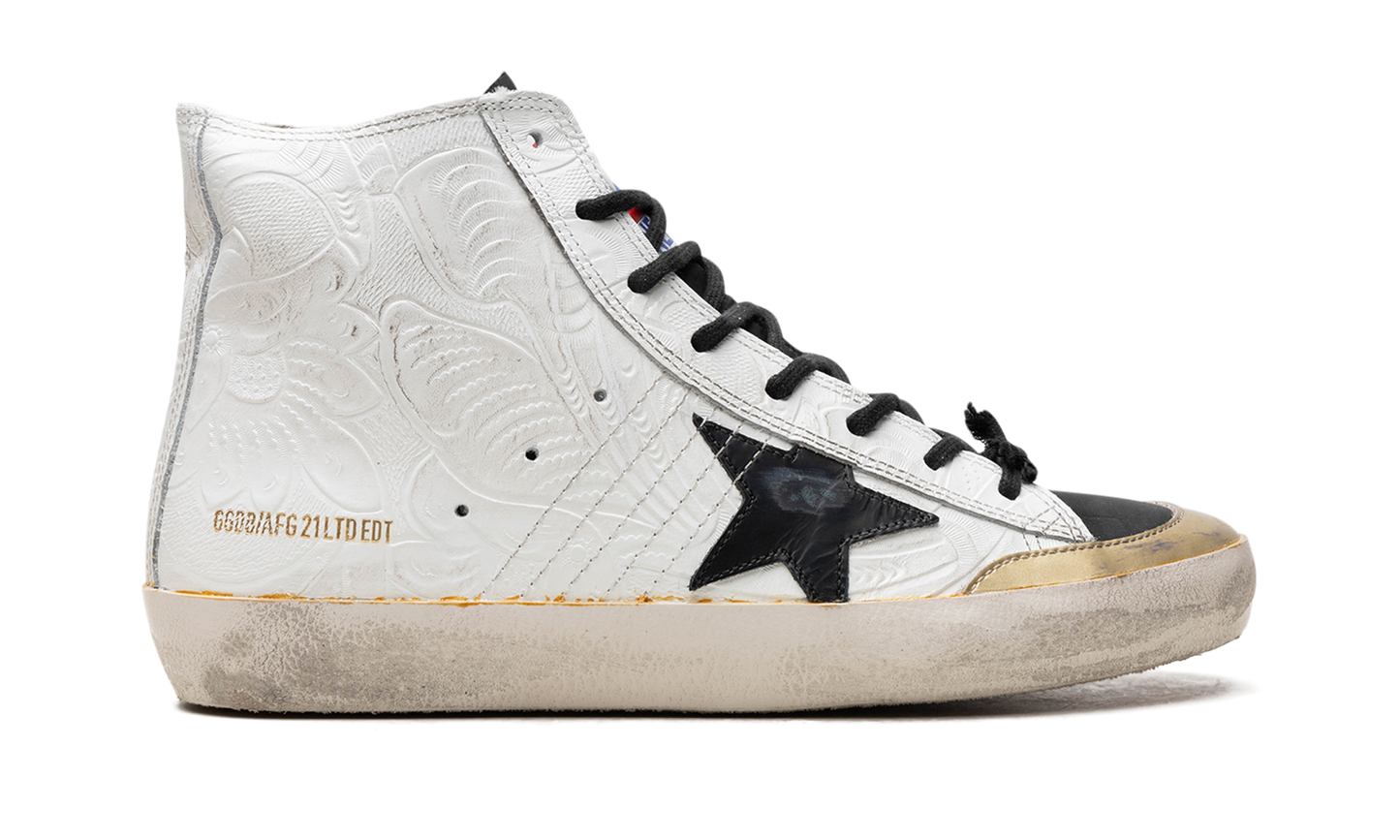 FRANCY PENSTAR FLOWERS PRINTED SUEDE UPPER AND LIST NYLON TOE LEATHER STAR "WHITE GOLD BLACK"